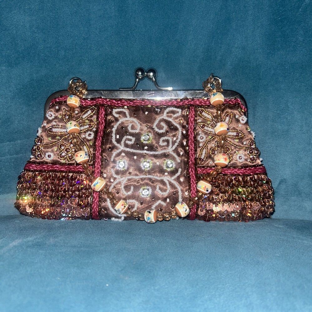 Handbeaded Sequin Kiss Lock Mini Purse Beaded Handle Floral Embellished Handbag